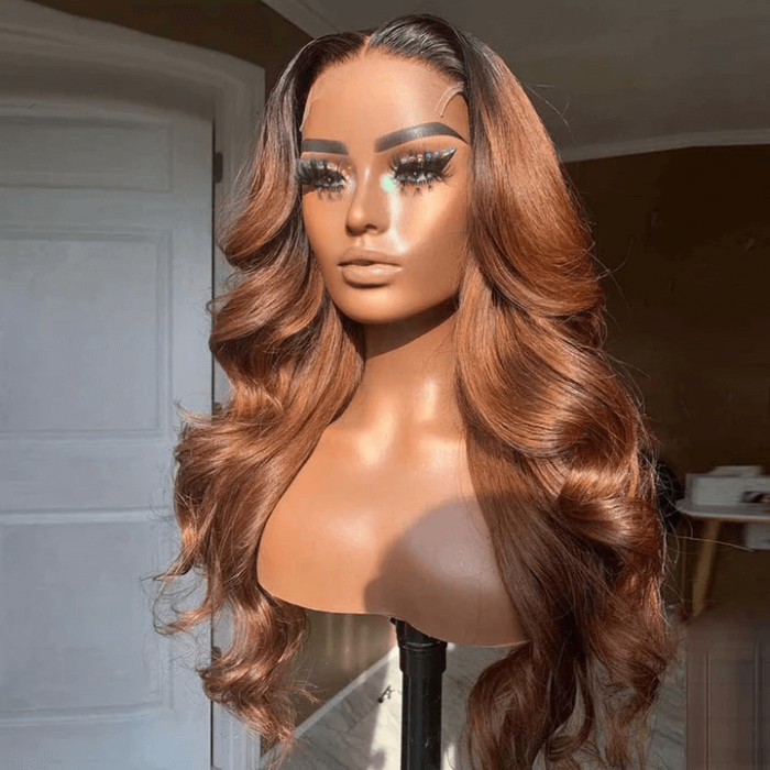 5x5 HD Lace Closure Melted Hairline Light Auburn Straight Wig With Dark Roots