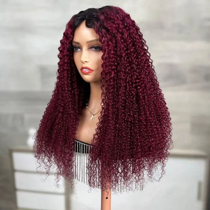 Magenta Ombre With Dark Roots Curly V Part Wig