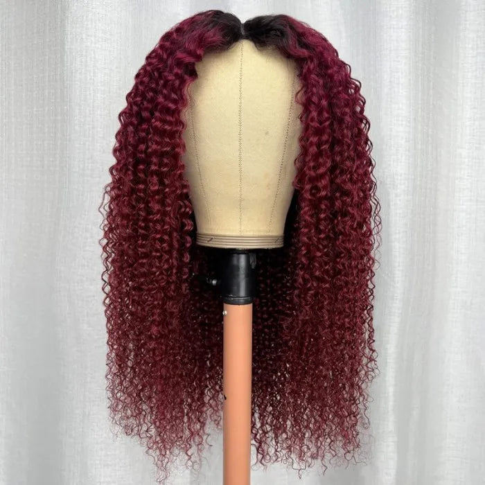 Magenta Ombre With Dark Roots Curly V Part Wig