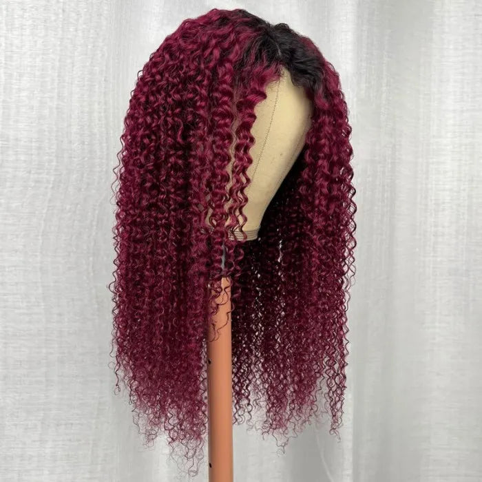 Magenta Ombre With Dark Roots Curly V Part Wig