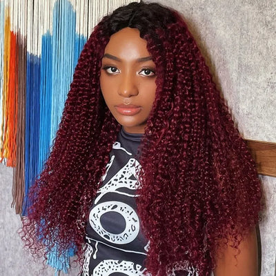 Magenta Ombre With Dark Roots Curly V Part Wig